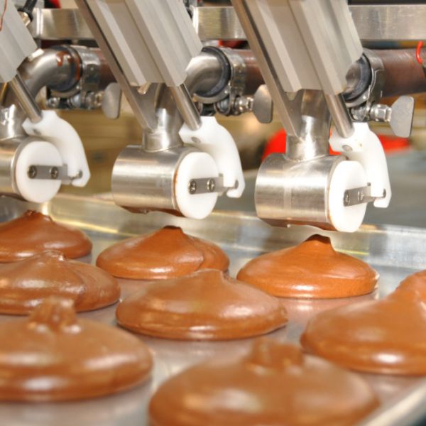 Dosiersystem portioniert Schokoladenmasse gleichmäßig auf ein Backblech